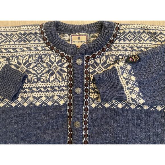 Vtg Dale of Norway Mens Cardigan Sweater XL Fair Isle New Wool Preppy Grandpa - Picture 2 of 14